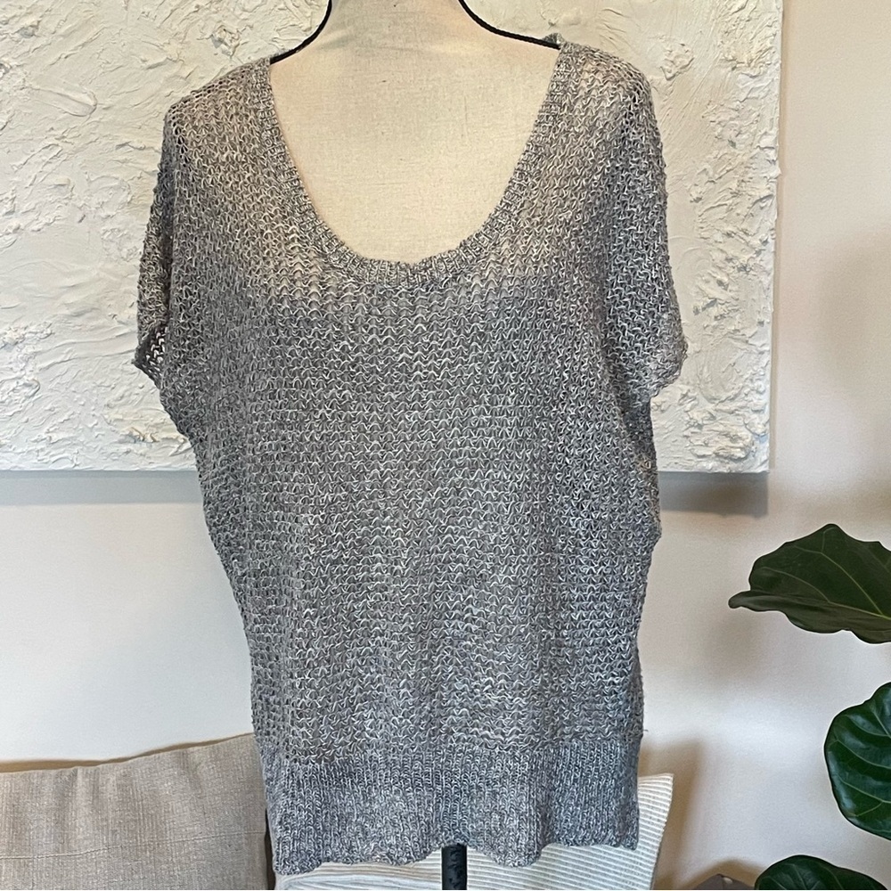 Eileen Fisher Gray 100% Linen Crochet Open Weave Knit Top Sweater Women Sz XS
